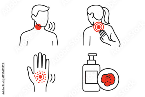 Medical icon set. Sore throat, neck pain, body ache, skin rash. Allergy, dermatitis, eczema symptom. Dermatology treatment. Illness vector. Pain relief & healthcare concept.