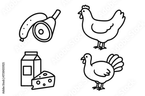 Food icon set. Grocery store product symbols. Line art illustration of meat, poultry and dairy. Ham, sausage, chicken, turkey, milk and cheese. Farm fresh food vector signs.