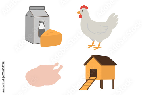 Farm products vector icon set. Poultry and dairy food collection. Chicken, hen, raw meat, chicken coop, milk carton and cheese illustrations. Agriculture, farming concept.