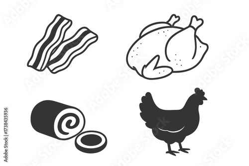 Meat and poultry food icon collection. Vector graphic set with pork bacon, roast chicken, meat roulade, and a hen silhouette. Flat design elements for butcher shop or food menu.