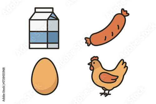 Vector icon set of fresh farm products. Food illustration with chicken, egg, sausage, and milk. Poultry, dairy, and meat for grocery store, market, or breakfast design.