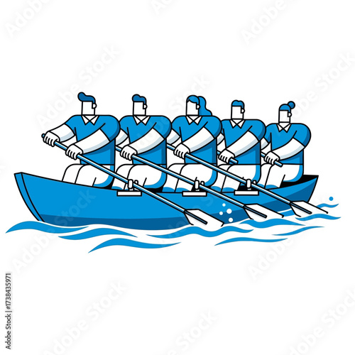 Synchronized Rowing Team Working Together - Business Teamwork Concept Illustration