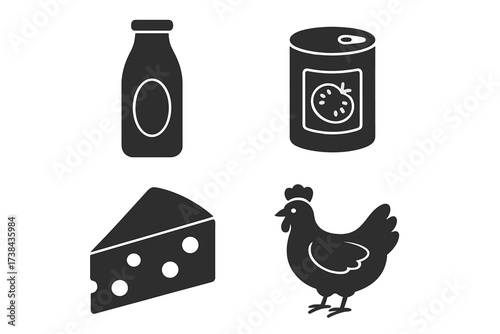 Food and grocery icon set. Collection of simple black silhouette symbols. Farm products illustration. Poultry, chicken, dairy, milk bottle, cheese and canned food vector icons.