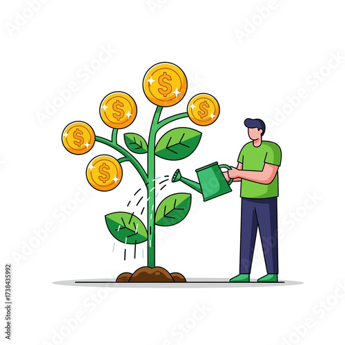 Growing Wealth: Investor Watering a Money Plant with Dollar Coins for Financial Growth