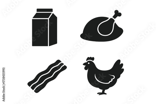 Food icon set. Milk, roast chicken, bacon, hen symbols. Vector glyph collection for grocery, farming, breakfast and meat products. Poultry, dairy and pork concept design.
