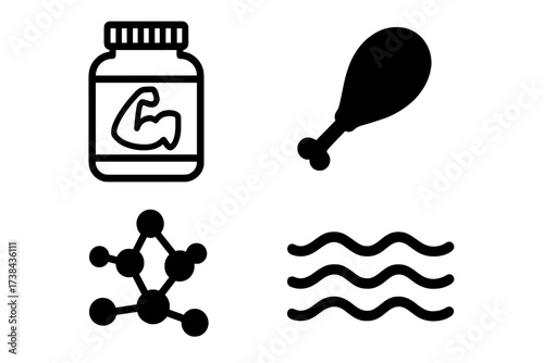 Protein icon set. Bodybuilding supplement, chicken food, molecule structure and water wave icons. Nutrition, fitness, gym and diet concepts. Vector graphic symbol collection.