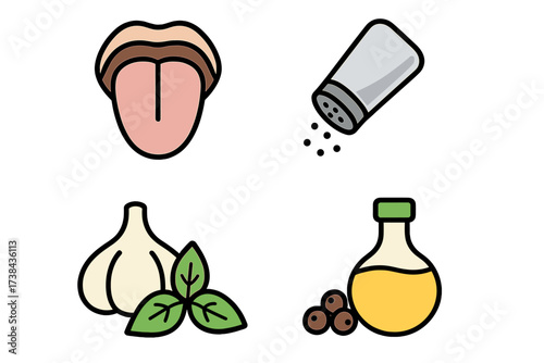 Vector icon set of taste and seasoning. Collection of food flavor and cooking ingredients. Tongue taste buds, salt shaker, garlic, basil, olive oil, peppercorns symbols.