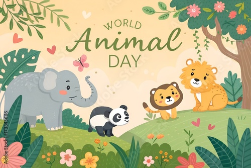 Wallpaper Mural Cute cartoon animals celebrating world animal day in a colorful nature scene Torontodigital.ca