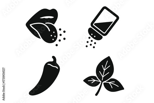 Taste and seasoning glyph icons set. Food flavor concepts. Tongue tasting, salt shaker, hot chili pepper, and herb leaf silhouettes. Spice and cooking ingredient vector collection.