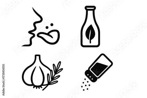 Taste and seasoning vector icon set. Food flavor and cooking ingredients symbols. Collection of signs for delicious meal. Garlic, herb, salt shaker, sauce bottle, tongue icons.