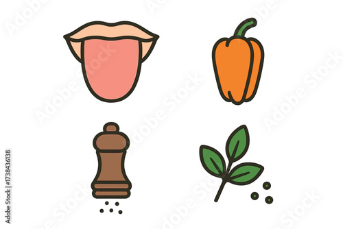 Taste and seasoning icon collection for cooking. Vector mouth, tongue, bell pepper, spice mill, and herbs. Food flavor, gourmet ingredient, and healthy recipe symbols design.
