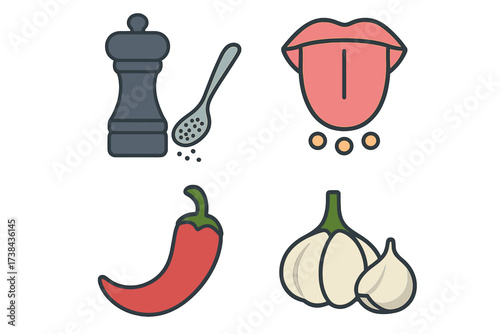 Vector icon set for taste and seasoning. Collection includes pepper mill, tongue with taste buds, spicy chili, and garlic. Concept for flavor, cooking, recipe, hot, spicy food.