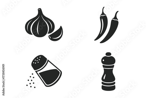 Spice and seasoning vector icon set. Cooking and food ingredient symbols. Black silhouette illustration of garlic, chili pepper, salt shaker and pepper mill for kitchen design.