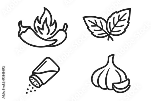 Spice and seasoning line icon set. Vector collection of food flavor symbols. Hot chili pepper, basil herb leaves, salt shaker, and garlic. Outline cooking ingredients signs.