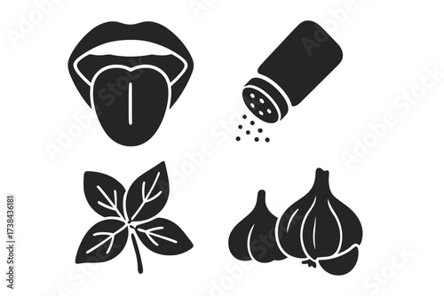 Taste and seasoning glyph icon set. Vector collection of food flavor symbols. Tongue, salt shaker, garlic and basil herb icons. Cooking ingredients for culinary gastronomy design.