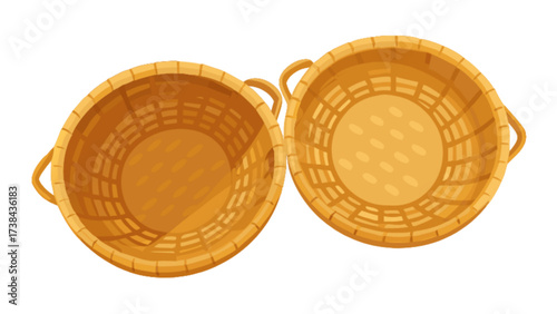 Two empty wicker baskets illustration for storage and organization home decor and picnic supplies