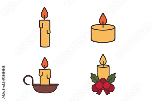 Vector candle icon set for Christmas decoration. Collection of candlelight illustrations for winter holidays. Includes candlestick, tea light, and festive holy candle design.