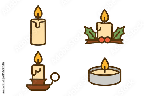Candle icon set vector illustration. Collection of various candlelight symbols. Pillar, tealight, candlestick, and Christmas holly decoration. Flat outline design element.