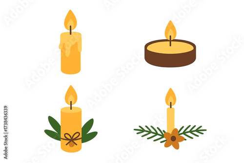 Set of vector candles illustration. Flat design candlelight with holiday decoration. Christmas, winter, cozy home decor elements. Wax, flame, fire, light, aromatherapy concept.