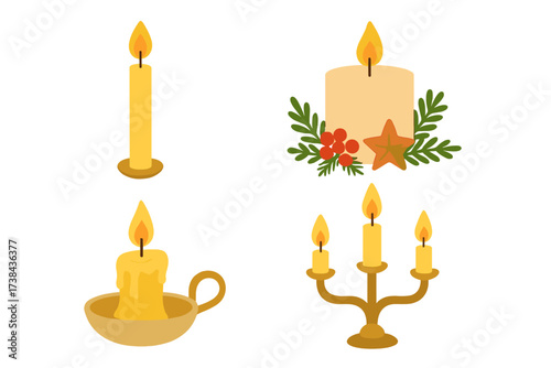 Set of burning candle vector illustrations. Collection of candlelight icons including taper, pillar candle with Christmas decoration, and vintage candelabra. Concept of light.