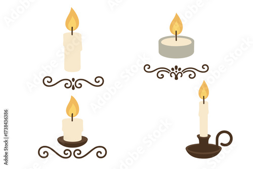 Candle vector set. Collection of various candlelight flat icons. Pillar, tealight, candlestick holder. Burning flame, wax, fire. Decorative vintage scroll. Romantic, spiritual.