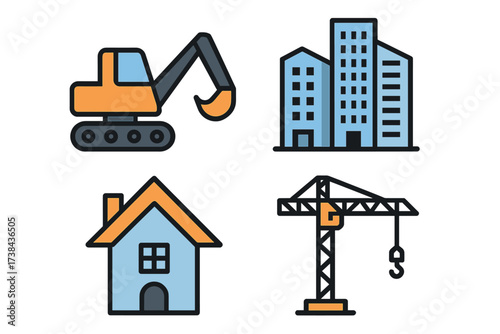 Construction and building icon set. Vector illustration of real estate and architecture symbols. Includes excavator, crane, house, and office building icons for web and print.