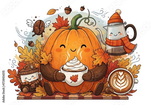Autumnal coffee break with a cheerful pumpkin and seasonal companions