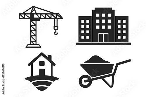Construction and building icon set. Vector illustration of tower crane, office building, house and wheelbarrow. Real estate, development, and engineering symbols.