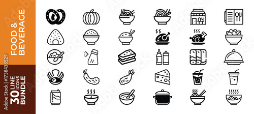 Food and beverage 30 icons bundle isolated on white background