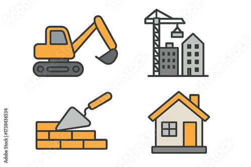 Construction and building line icon set. Real estate development vector illustrations. Features excavator, crane, bricklaying trowel, and house symbol for architecture.