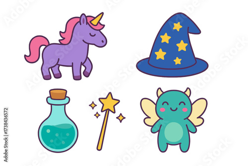 Cute kawaii fantasy magic icon set. Vector illustration collection with unicorn, wizard hat, potion bottle, magic wand, and cute monster character for kids. Fairytale elements.