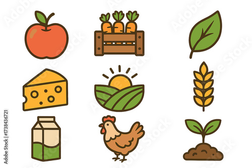 Vector icon set of organic food and farm fresh products. Agriculture line art illustrations for natural groceries, healthy eating, dairy, harvest, and eco friendly food.