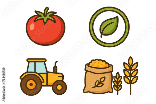Vector illustration set of food and organic symbols. Farming icons collection with tomato, tractor, wheat, and bio leaf. Agriculture, harvest, and natural product concept.