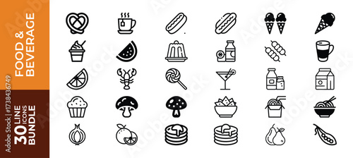 Collection of 30 line icons for food and beverage, isolated on white background