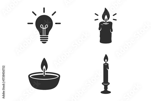 Vector icon set of light sources. Light bulb for new ideas and electricity. Traditional wax candle, oil lamp and candlestick for comparison. Old and new technology silhouette.