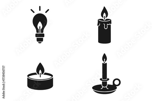 Light and candle icon set vector illustration. Black silhouette of lightbulb, wax candle, tea light, and candlestick holder. Metaphor for idea, energy, power, and candlelight.