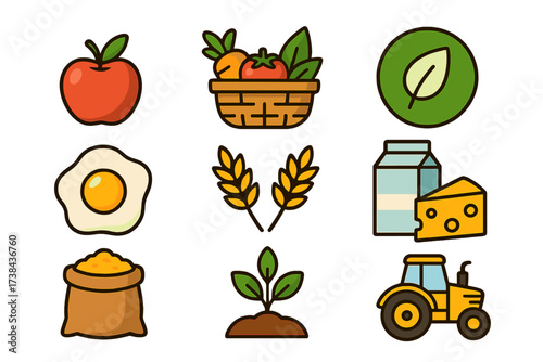 Farm food and organic agriculture vector icons. Healthy eating and fresh produce concepts. Set includes apple, vegetables, basket, egg, wheat, milk, cheese, grain, plant, tractor.