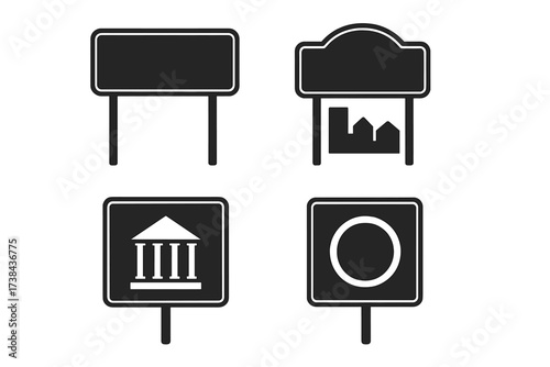Set of municipal and city center signs. Vector icons for town entrance, bank, or museum. Road sign collection. Information, direction, and traffic symbol illustration. Blank template.