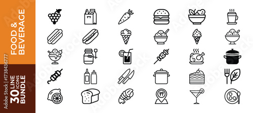Assortment of food and beverage line icons isolated on white background