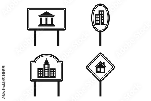 Vector icon set of municipal and city center signs. Collection of urban signposts for bank, courthouse, downtown buildings, and residential home. Real estate and navigation symbols.