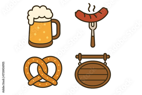 Vector illustration icon set for Oktoberfest. German festival food and drink symbols. Beer mug, pretzel, grilled sausage and wooden bar sign. Isolated graphic elements for design.