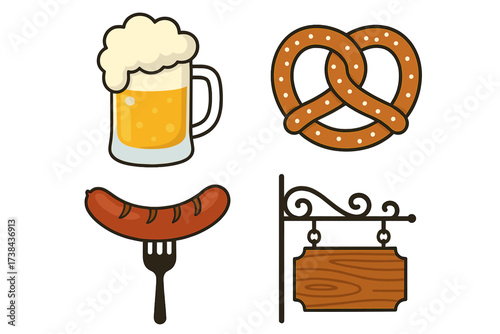 Oktoberfest icon set with beer mug, pretzel, sausage on fork, and wooden bar sign. German food and drink vector illustration for festival, pub, or menu design concept.