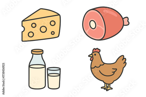 Set of farm food icons. Fresh poultry, meat and dairy products. Vector collection with chicken, ham, milk, and cheese. Healthy eating and nutrition concept for grocery store.