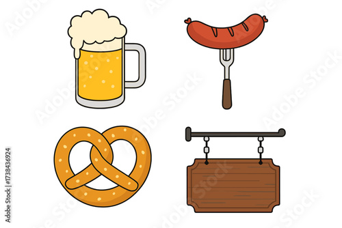 Oktoberfest vector icon set with beer, sausage, pretzel, and wooden sign. German food and drink elements for festival, bar, or pub celebration. Traditional Bavarian graphic.