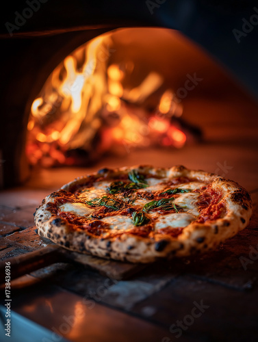 A freshly baked Neapolitan pizza in front of a blazing wood-fired oven, capturing the essence of traditional Italian cuisine