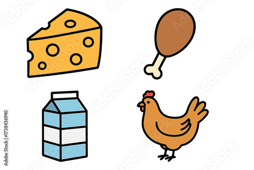 Food icon set with farm products. Vector illustration of dairy and poultry. Cheese, milk carton, whole chicken, and roasted drumstick. Flat design for grocery logo.