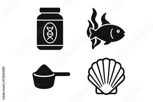Protein supplement and seafood icon set. Vector glyphs of a DNA nutrition jar, fish, whey powder scoop, and seashell. For concepts like marine food, bodybuilding, health, and diet.