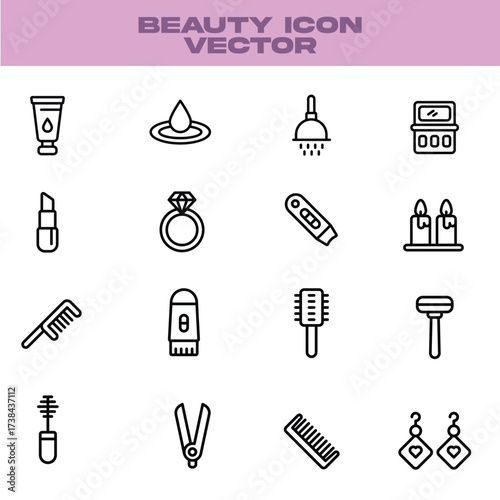Beauty and Personal Care Line Icons – Cosmetics, Jewelry, Grooming, and Spa Elements