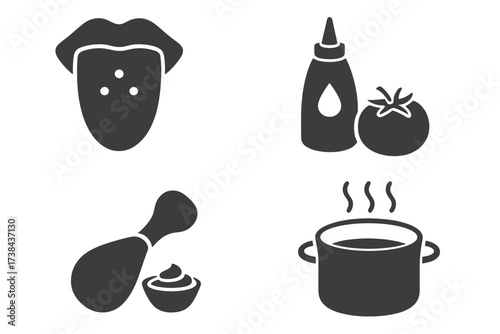 Food and cooking glyph icons set. Taste buds on tongue, ketchup, tomato, chicken leg with sauce, steaming pot. Vector symbols for restaurant menu, recipe, flavor concepts.