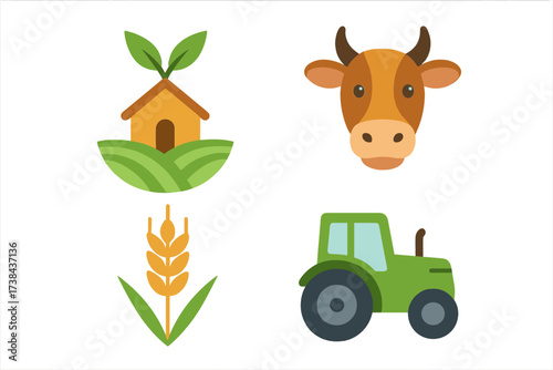 Agriculture icon set with farm elements. Flat vector logo collection with cow head, tractor, wheat, and eco-house. Symbols for farming, breeding, organic food, and agribusiness.